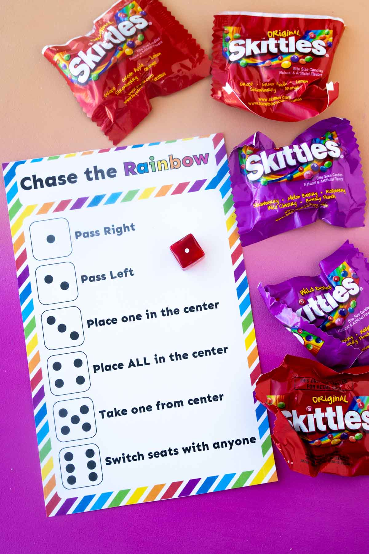 Free Printable Chase the Rainbow Dice Skittles Game