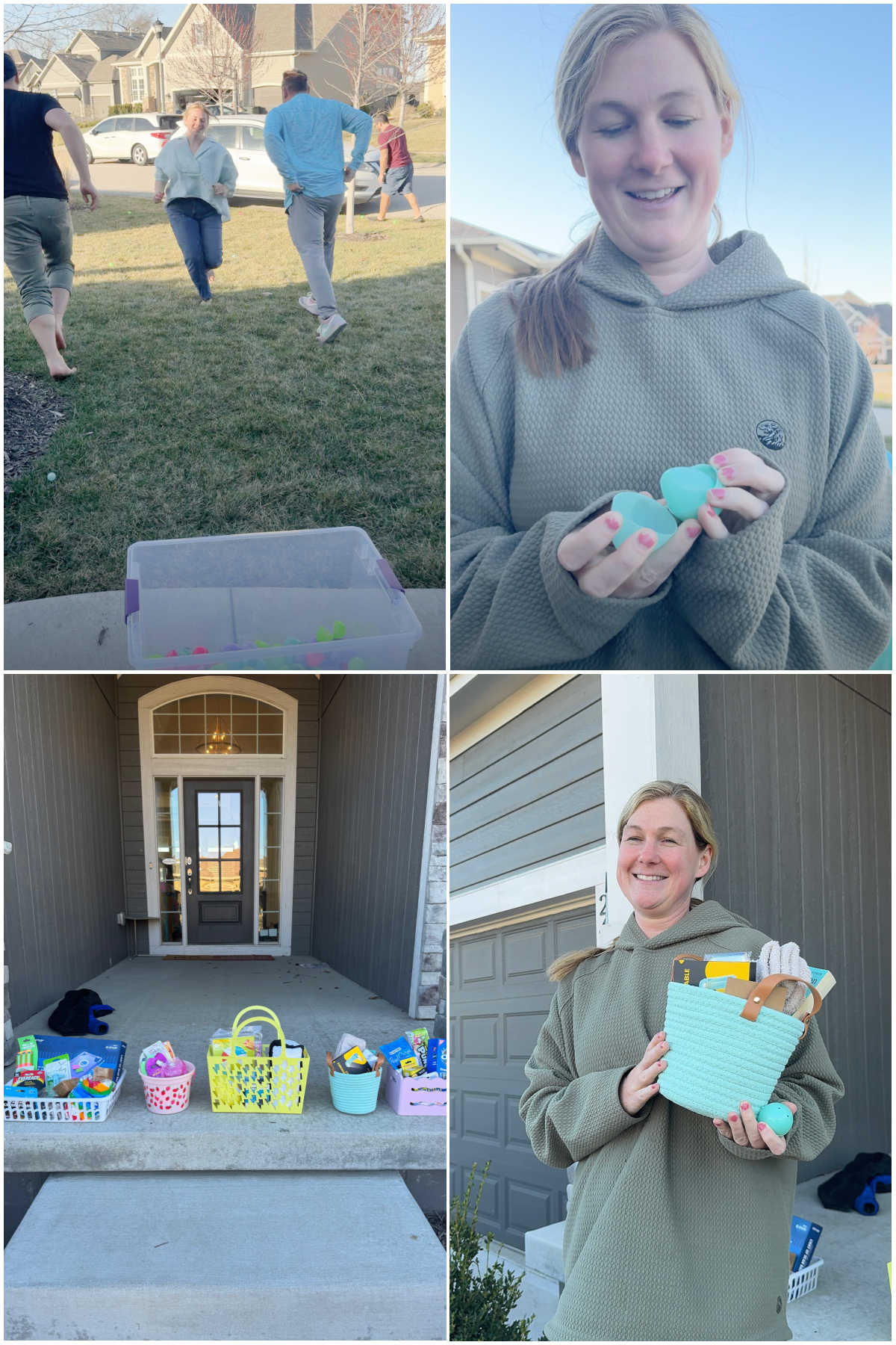four images showing adults doing an Easter egg hunt