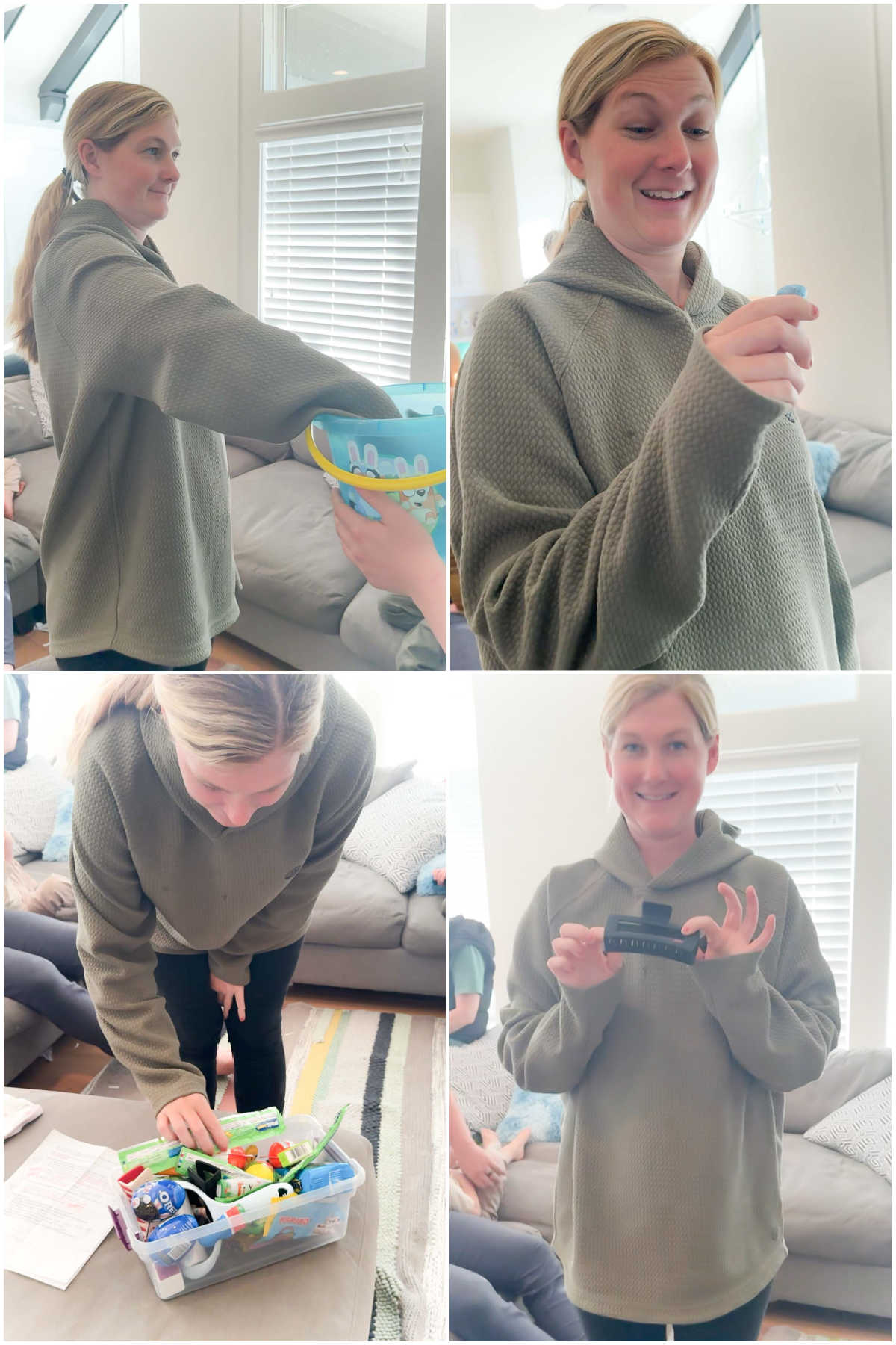 collage of four images showing a woman playing and winning an Easter guessing game