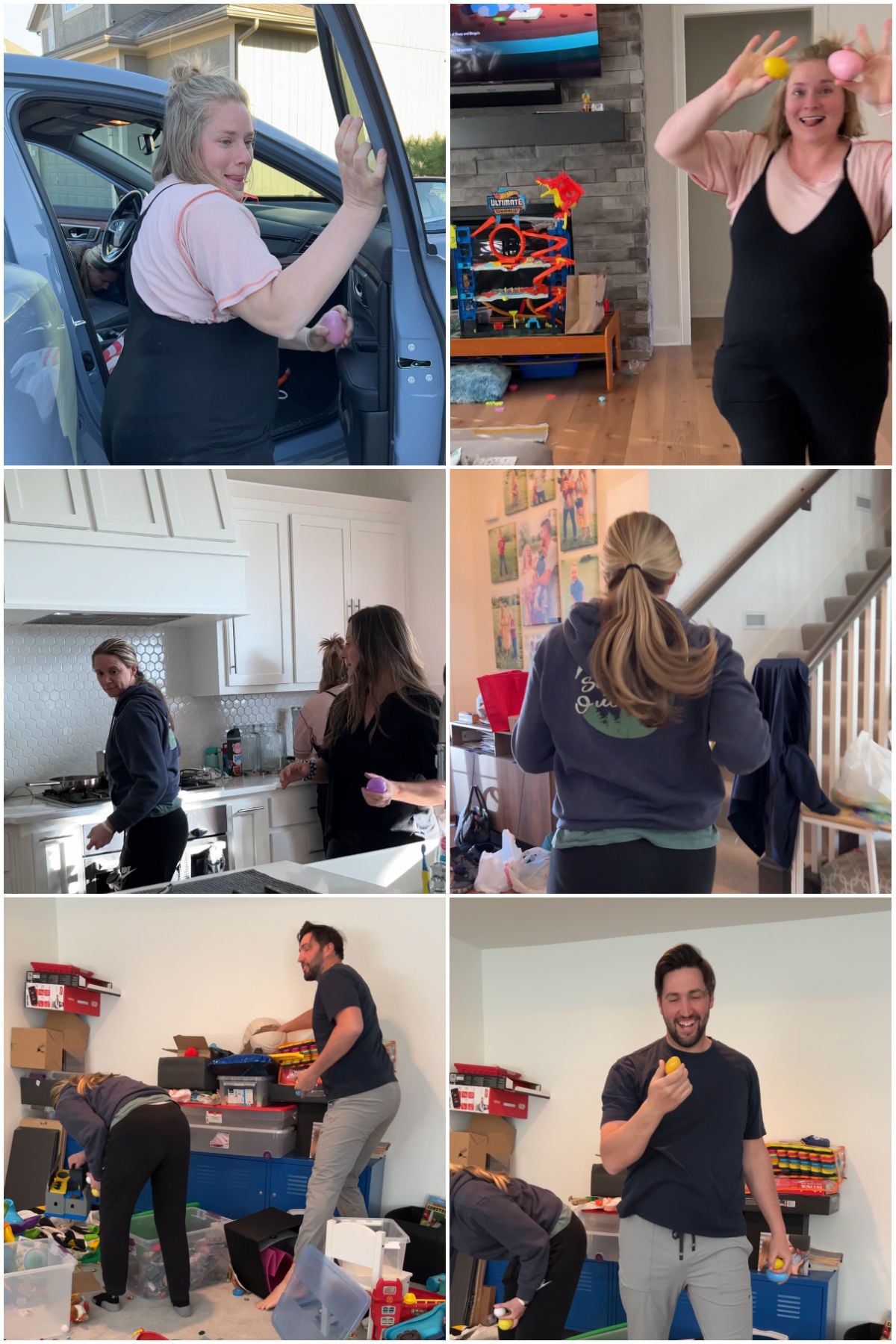 6 pictures of people finding Easter eggs hidden in different rooms of a house