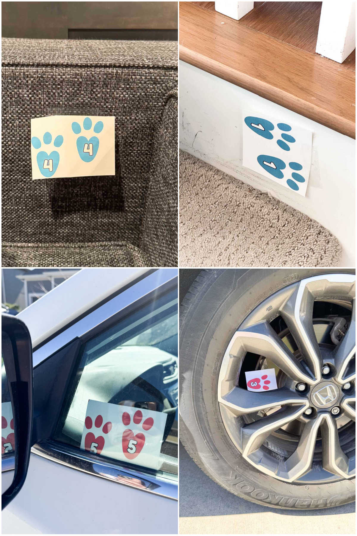 four images showing printed out bunny tracks hidden in various places